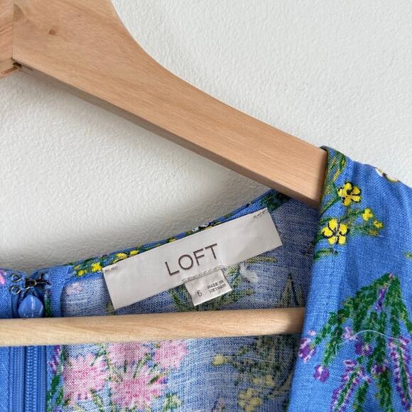 Loft Floral Print Scoop Neck Puff Sleeve Mini Dress Blue 6 - Picture 7 of 10